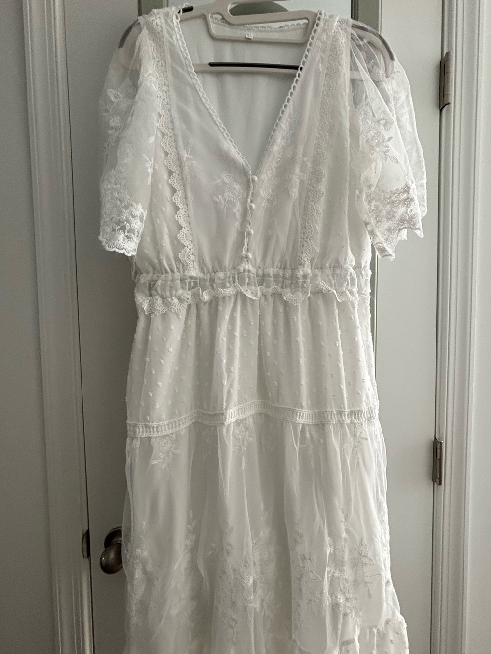 NWOT White Lace Tiered V-Neck Maxi Dress - Picture 2 of 7